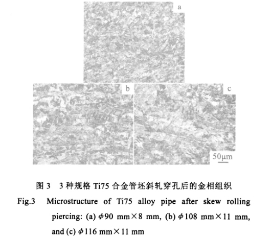 3種規格Ti75合金管坯斜軋穿孔后的金相組織 3種規格Ti75合金管坯斜軋穿孔后的金相組織